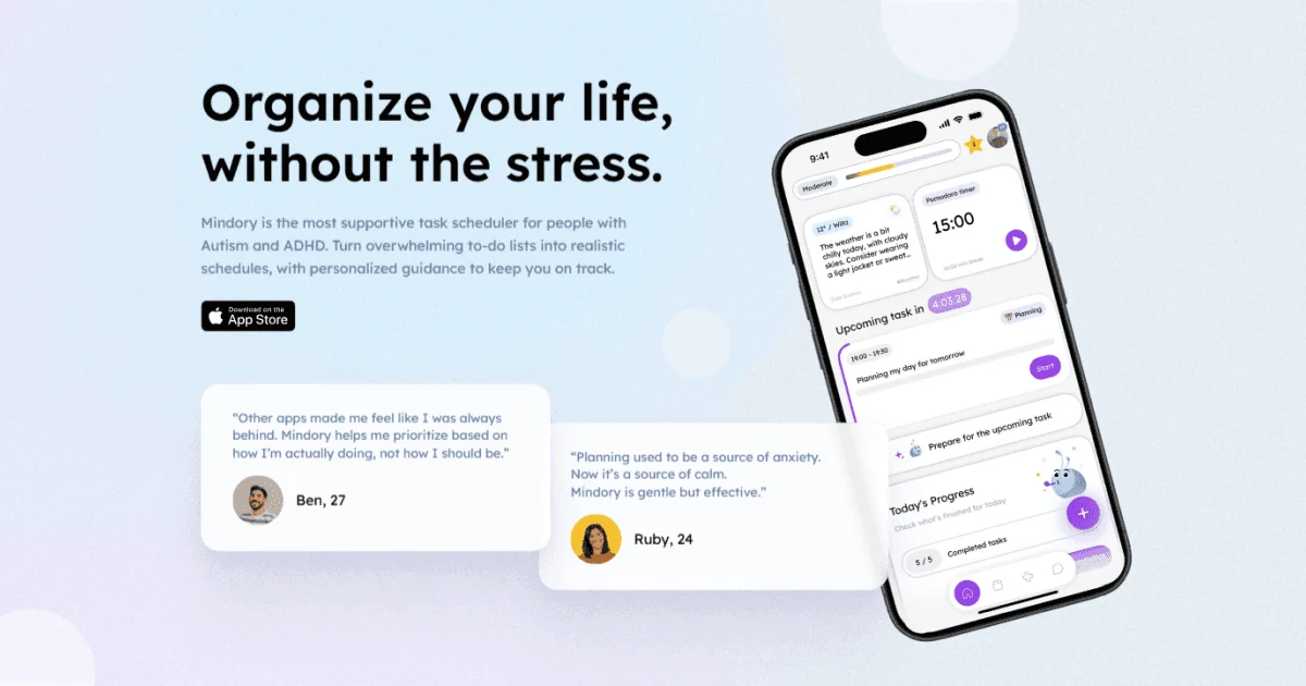 Mindory AI planner shown on a phone with a daily schedule, task cards and its organise your life message