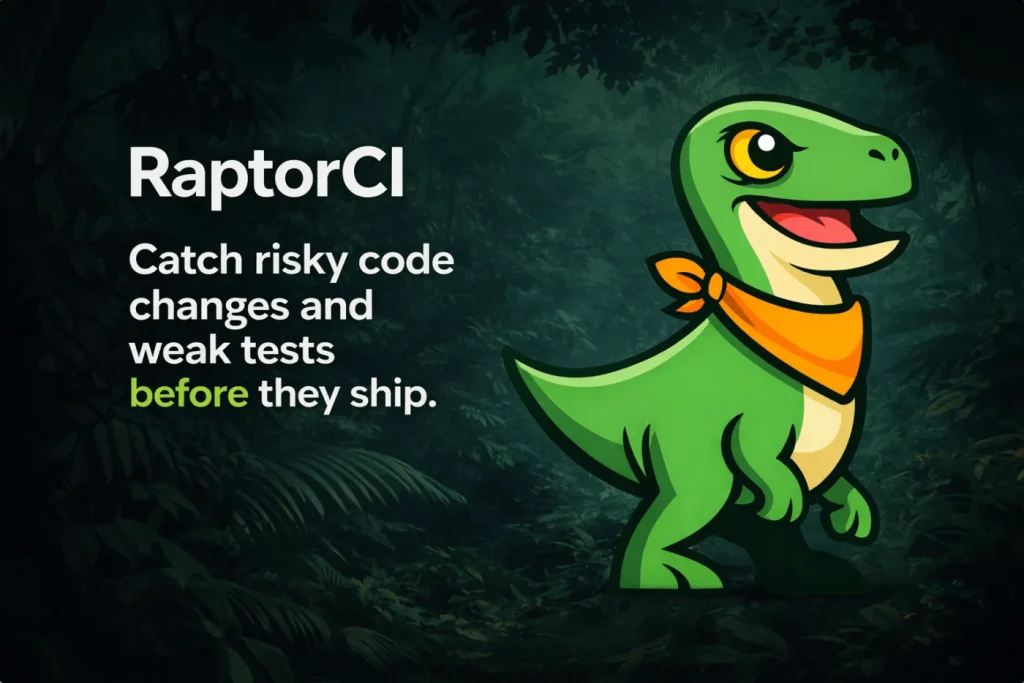 RaptorCI dinosaur mascot and product message about catching risky code changes and weak tests before release
